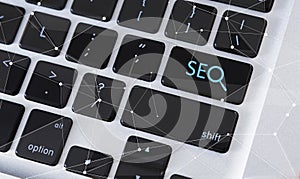 Keyword Seo On Laptop Keyboard On White Background, Collage, Closeup