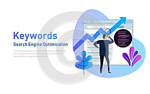 Keywording, SEO keyword research, keywords ranking optimization on search engine. Vector illustration of people looking