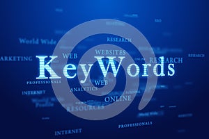 Keywords on blue background.