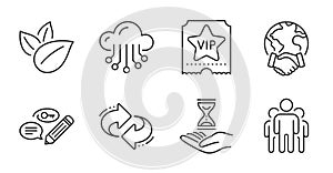 Keywords, Organic product and Time hourglass icons set. Refresh, Vip ticket and Global business signs. Vector