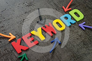 Keywords research for SEO, Search Engine Optimization, bidding on search result page to promote website online, multi color arrows