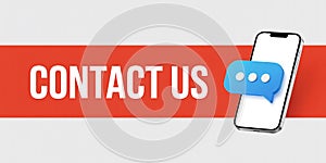 Smartphone with chat bubble icon and text CONTACTUS on red banner Keywords: application