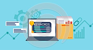 Keywords tool word matching program. Laptop with a folder of documents and graphs and key.
