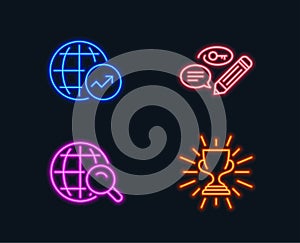 Keywords, World statistics and Internet search icons. Trophy sign. Pencil with key, Global report, Web finder.