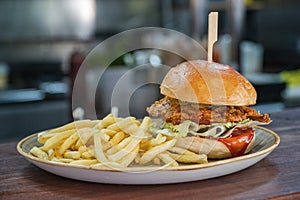 KFC Style Breaded chicken burger with French Fries