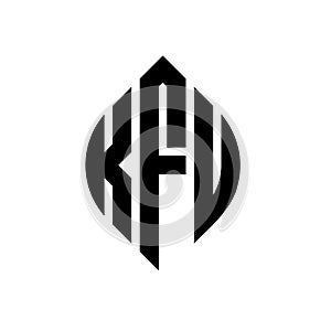 KFU circle letter logo design with circle and ellipse shape. KFU ellipse letters with typographic style. The three initials form a