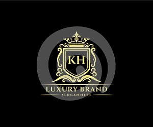 KH Initial Letter Gold calligraphic feminine floral hand drawn heraldic monogram antique vintage style luxury logo design Premium