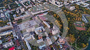 Khabarovsk, the city center . the view from the top. filmed with a drone . Lenin square, Dynamo Park, Ussuri Boulevard