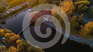 Khabarovsk Park in the city center. city ponds. autumn. the view from the top. taken by drone.