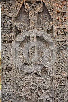 A khachkar detail at Noratus cemetery. Gegharkunik province. Armenia