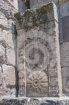 Khachkar, executed by the artist-carver Pavgos. This is a unique highly artistic work, called `Asehnagoraz` made with a needle,