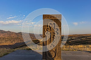 Khachkar tombstone Kornidzor landscape Khachkar caucasus mountain Artsakh Nagorno Karabakh Armenia landmark