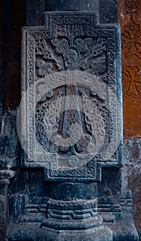 Khachkar traditional cross-stone in Hovhannavank Monastery, village Ohanavan, Aragatsotn Province of Armenia