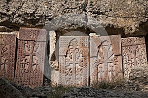 Khachkars of Geghard. Armenian shrines photo