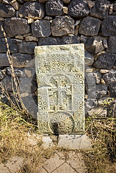 Khachkars, stone crosses in Sevanavank, a monastery complex located on the northwest coast of Lake Sevan in the province