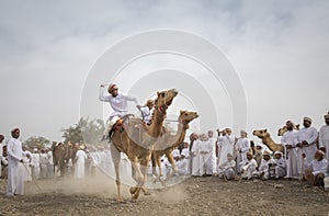 Omani man riding a camel on a dusty countryside road