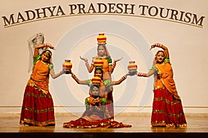 KHAJURAHO, MADHYA PRADESH, INDIA, October 2015, Dancers perform folk dance during folk dance show.