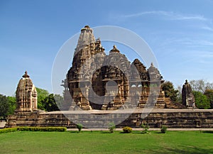 Khajuraho Temple Group of Monuments in India with erotic sculptures on the wall