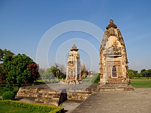 Khajuraho Temple Group of Monuments in India with erotic sculptures on the wall