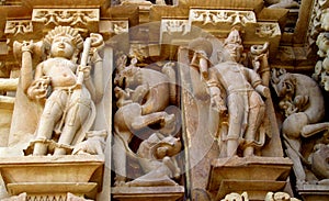 Khajuraho Temple Group of Monuments in IndiaSandstone sculptures in Khajuraho Temple Group of Monuments in India