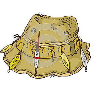 Khaki Hat with Fishing Lure and Hooks
