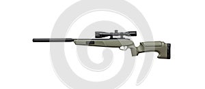 Khaki pneumatic rifle with an optical sight isolated on white back. Safe weapon for sports and entertainment