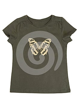 Khaki T-shirt with a butterfly pattern. Isolate