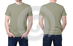 Khaki t shirt on a young man template