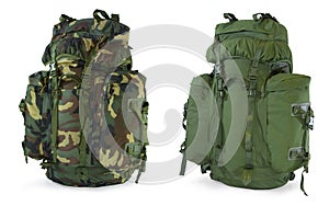 Khaki and woodland camouflage backpacks