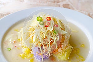 Khanom Jeen Sao Nam, Thai Dish of Rice Vermicelli with Chopped Fresh Fruit and Vegetable, Ground Dried Shrimp in Coconut Milk Soup