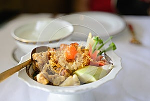 Khao chae, rice soaked in cool water served with assorted side dishes. Thai traditional summer food