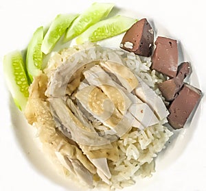 Khao Man Kai or Kao Man Gai Hainanese chicken rice, steamed chicken and white rice