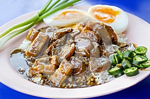 Khao Moo Daeng BBQ Pork over rice . famous Thai Food. photo
