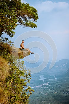 Khao Ngon Nak Nature Trail Krabi Thailand or Dragon Crest,Man climbed to a viewpoint on the top of a mountain in Krabi