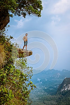 Khao Ngon Nak Nature Trail Krabi Thailand or Dragon Crest,Man climbed to a viewpoint on the top of a mountain in Krabi
