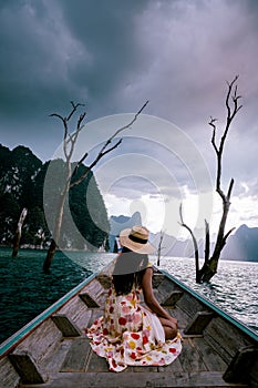 Khao Sok Thailand, woman in boat travling in Khao Sok national park Thailand