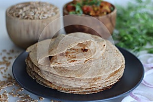 Khapli wheat roti served with baingan bharta