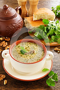 Kharcho soup of beef with walnuts and rice.