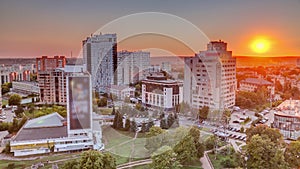 Kharkiv city panorama from above at sunset timelapse. Ukraine.