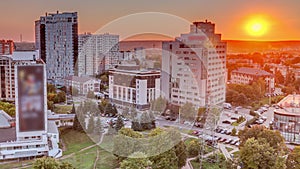 Kharkiv city panorama from above at sunset timelapse. Ukraine.