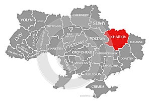 Kharkiv red highlighted in map of the Ukraine