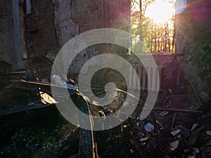 Kharkiv region, Kharkov, Skovorodinovka, Skovorodinivka, Ukraine - 05.07.2022: broken window ruins Literary and Memorial