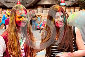 Kharkiv, Ukraine - April 24, 2016. Group of happy girls on holi festival