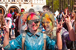 Kharkiv, Ukraine - April 24, 2016. Group of happy girls on holi festival