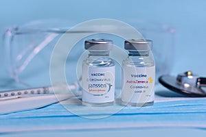 Kharkiv. Ukraine. February 1, 2021. Coronavirus vaccine vials with Janssen Johnson and Johnson logo and with AstraZeneca logo ,