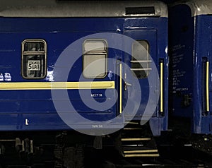 KHARKIV, UKRAINE - May, 08, 2022. Sleeping Car of the Ukrainian Railways on an overnight train ready for departure to Kyiv in