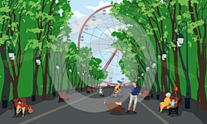 Kharkiv wheel on alley. ferris wheel at the end of the central alley of Gorky Park. illustration