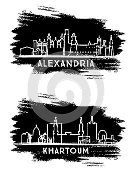 Khartoum Sudan and Alexandria Egypt City Skyline Silhouette Set