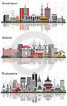 Khartoum Sudan, Surabaya Indonesia and Kochi India City Skylines with Color Buildings and Reflections Isolated on White photo