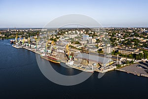 Kherson city cargo port near the Dnieper river aerial view